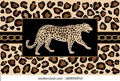 Decorative leopard pattern with golden chain on black background.EPS10 Illustration.