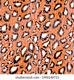 Decorative leopard print design. African animal skin print fur texture background. Vector geometric spotted seamless pattern with dashed texture.