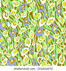 Decorative leopard print mixed with zebra lines. African animal skin print fur texture background. Vector geometric spotted seamless pattern. Round shapes design.