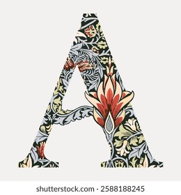 Decorative letter 'A' with floral patterns. The floral design on the letter 'A' features intricate flowers and leaves. Stylish floral letter 'A' artwork. Vintage font illustration, isolated vector.