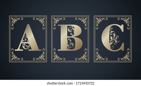 Decorative letter A B C set logo with swirls element. Elegant ornamental frame lettering sign. Alphabet gold initial vector icon isolated on blue background. Luxury style calligraphic monogram emblem