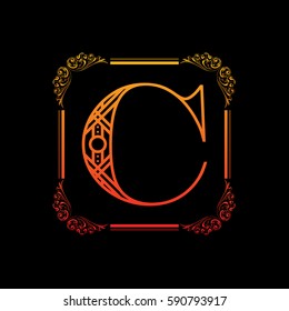Decorative letter C with abstract frame isolated on black background