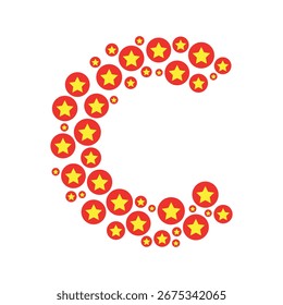 Decorative Letter c from a festive pattern of red circles and yellow stars, vector alphabet.