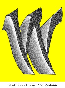 Decorative letter with coarse surface on yellow background.