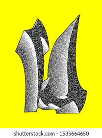 Decorative letter with coarse surface on yellow background.
