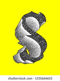 Decorative letter with coarse surface on yellow background.