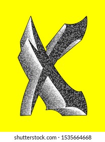 Decorative letter with coarse surface on yellow background.