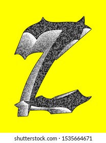 Decorative letter with coarse surface on yellow background.