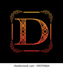 Decorative letter D with abstract frame isolated on black background
