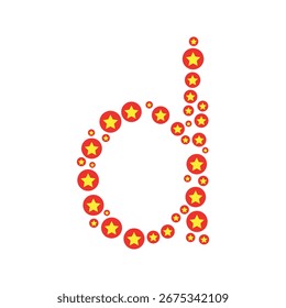 Dekorativer Buchstabe d aus einem festlichen Muster roter Kreise und gelber Sterne, Vektoralphabet.