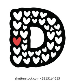 Decorative Letter D with Hand Drawn Hearts and One Red Accent. Stylized uppercase letter D in black filled with cute hand-drawn white hearts and a single red heart on a plain white background.
