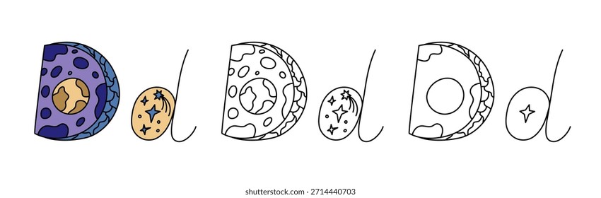 Decorative Letter D With Space Theme Illustration