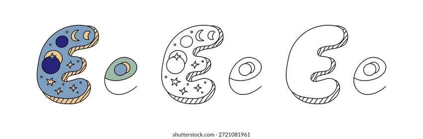Letra decorativa E con ilustración de patrón de espacio cósmico