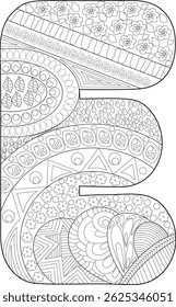 Decorative Letter E Zentangle Style, An intricate and decorative capital letter E filled with various patterns including floral, geometric, and abstract designs. Rendered in black and white line