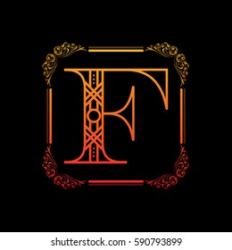 Decorative letter F with abstract frame isolated on black background