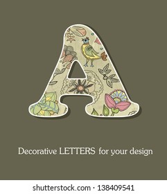 Decorative letter, font with flowers and birds