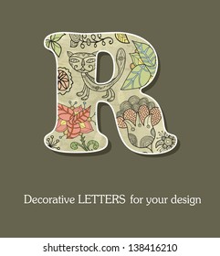 Decorative letter, font with flowers and birds