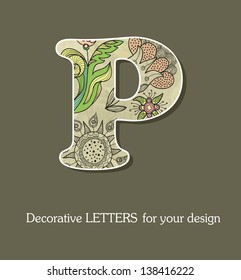 Decorative letter, font with flowers and birds