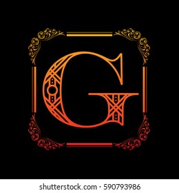 Decorative letter G with abstract frame isolated on black background