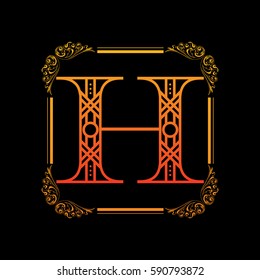 Decorative letter H with abstract frame isolated on black background