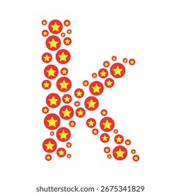Dekorativer Buchstabe k aus einem festlichen Muster roter Kreise und gelber Sterne, Vektoralphabet.