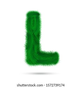 Decorative letter L of fir tree isolated on white. Christmas and New Year holiday alphabet symbol. Vector font element.