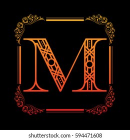 Decorative letter M with abstract frame isolated on black background