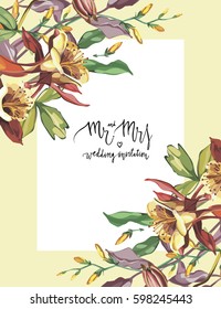 Decorative letter - Mr and mrs. Summer flower Crocosmia, Aquilegia frame in a watercolor style isolated. Aquarelle flower could be used for background, texture, wrapper pattern, frame or border.