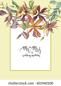 Decorative letter - Mr and mrs. Summer flower Crocosmia, Aquilegia frame in a watercolor style isolated. Aquarelle flower could be used for background, texture, wrapper pattern, frame or border.