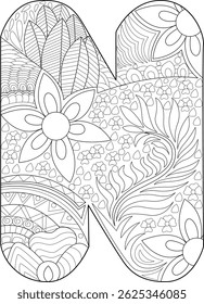 Decorative Letter N Adult Coloring Page, Black and white outline illustration of the uppercase letter N filled with intricate floral, leaf, and abstract patterns. Designed for adult coloring books,