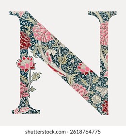 Decorative letter 'N' with floral patterns. The letter 'N' is adorned with intricate floral designs. Floral motifs enhance the elegance of the letter 'N'. Vintage font isolated vector.