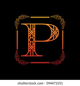 Decorative letter P with abstract frame isolated on black background