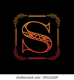 Decorative letter S with abstract frame isolated on black background
