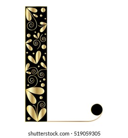 Decorative letter shape. Font type L. Black and gold colors