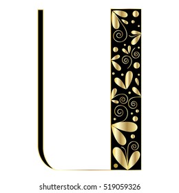 Decorative letter shape. Font type U. Black and gold colors