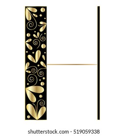 Decorative letter shape. Font type h. Black and gold colors