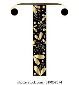 Decorative letter shape. Font type T. Black and gold colors