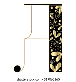 Decorative letter shape. Font type A. Black and gold colors