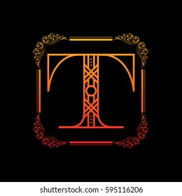 Decorative letter T with abstract frame isolated on black background