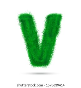Decorative letter V of fir tree isolated on white. Christmas and New Year holiday alphabet symbol. Vector font element.