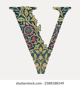 Decorative letter 'V' with floral patterns. Elegant floral design on 'V'. Intricate floral motifs on letter 'V'. Stylish 'V' with colorful floral elements. Vintage font illustration, isolated vector.