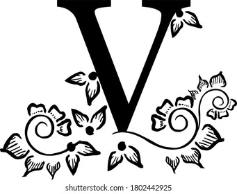  decorative letter V with patterns and flowers