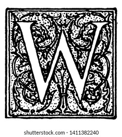 Decorative Letter W used at the start of a new chapter or heading, vintage line drawing or engraving illustration.