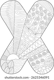 Decorative Letter X with Abstract Patterns for Coloring, An uppercase letter X outline filled with a variety of intricate abstract patterns, suitable for adult coloring books, educational materials,
