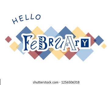 Decorative lettering of Hello January with different letters in blue with white outlines on white background with colorful squares for calendar, poster, print, sticker, decoration, planner