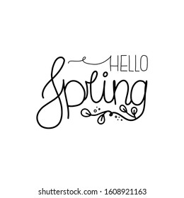 Decorative lettering HELLO SPRING with a stylized leaves and circles at the end. Black and white illustration. Hand draw, vector lettering calligraphy.