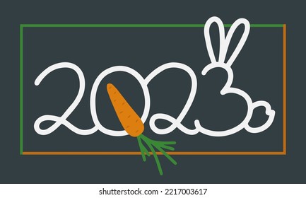 Decorative lettering with a stylized bunny and carrot. Chinese New Year 2023.Number three with ears and tail. Hand draw, vector lettering calligraphy.