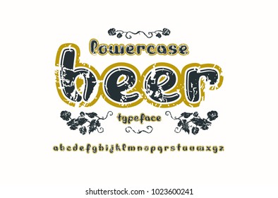 Decorative lettering type. Letters lowercase with rough texture for logo and label design. Color print on white background