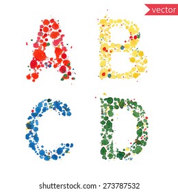 decorative letters A, B, C, D made from colorful drops and blots