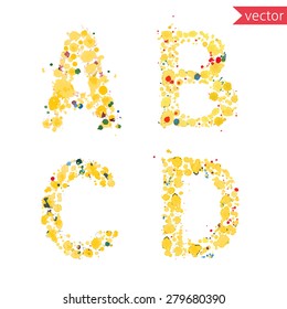 decorative letters A, B, C, D made from colorful drops and blots